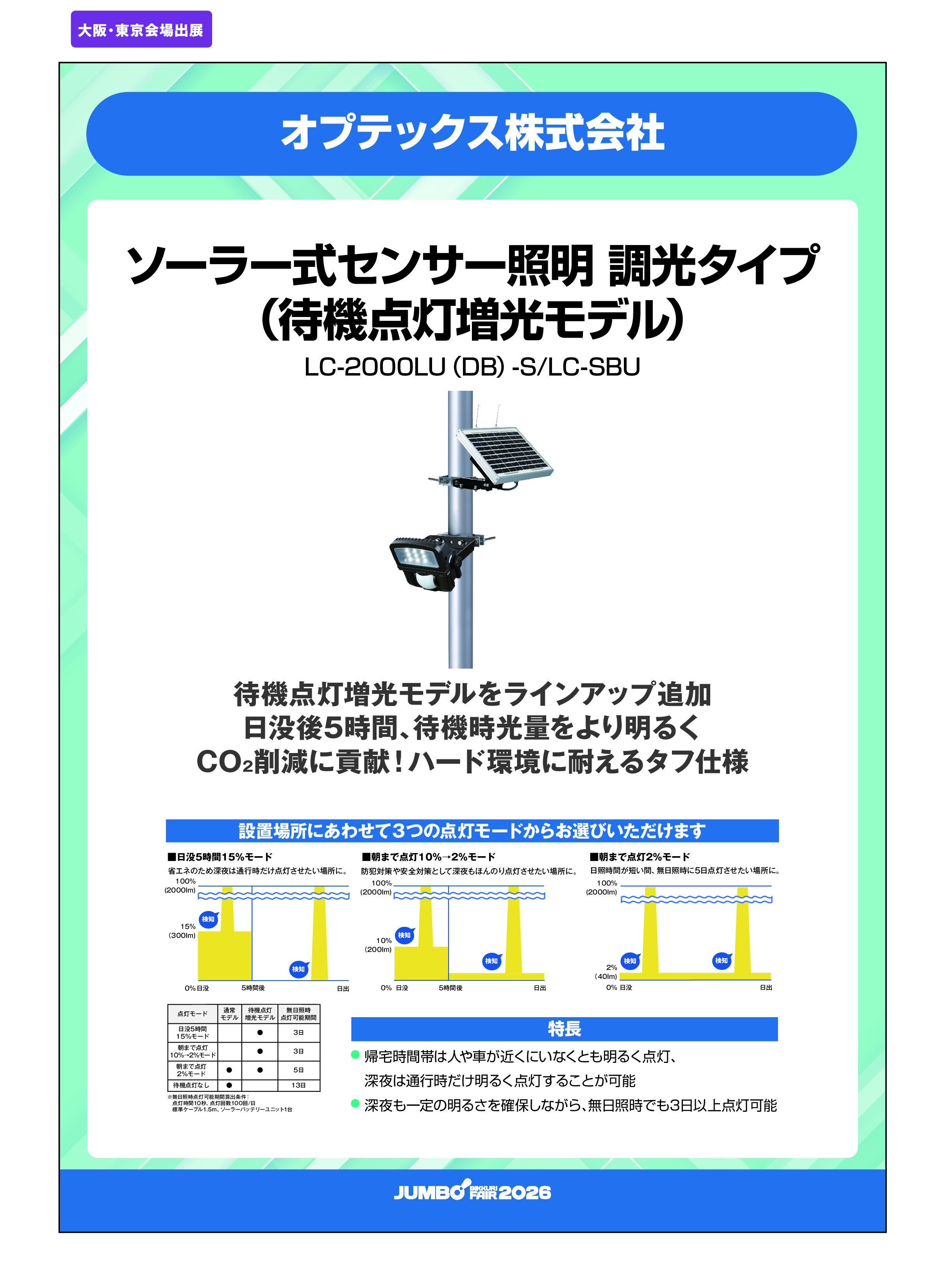 「ソーラー式センサー照明 調光タイプ（待機点灯増光モデル）LC-2000LU（DB）-S/LC-SBU」オプテックス株式会社の画像